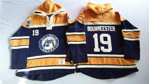Blues #19 Jay Bouwmeester Navy Blue/Gold Sawyer Hooded Sweatshirt Stitched NHL Jersey