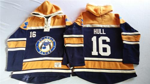 Blues #16 Brett Hull Navy Blue/Gold Sawyer Hooded Sweatshirt Stitched NHL Jersey