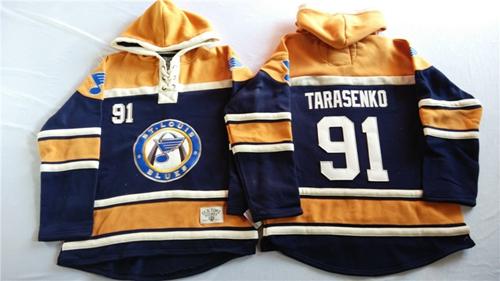 Blues #91 Vladimir Tarasenko Navy Blue/Gold Sawyer Hooded Sweatshirt Stitched NHL Jersey