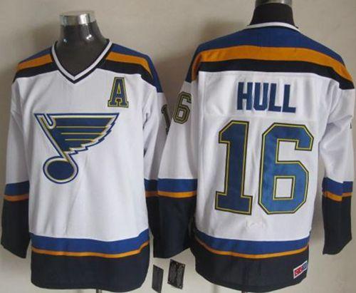 Blues #16 Brett Hull White/Navy CCM Throwback Stitched NHL Jersey