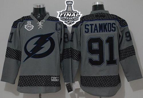 Lightning #91 Steven Stamkos Charcoal Cross Check Fashion 2015 Stanley Cup Stitched NHL Jersey