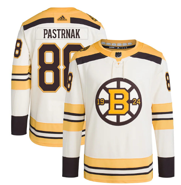 Men's Boston Bruins #88 David Pastrnak Cream 100th Anniversary Stitched Jersey