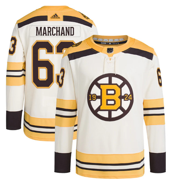 Men's Boston Bruins #63 Brad Marchand Cream 100th Anniversary Stitched Jersey
