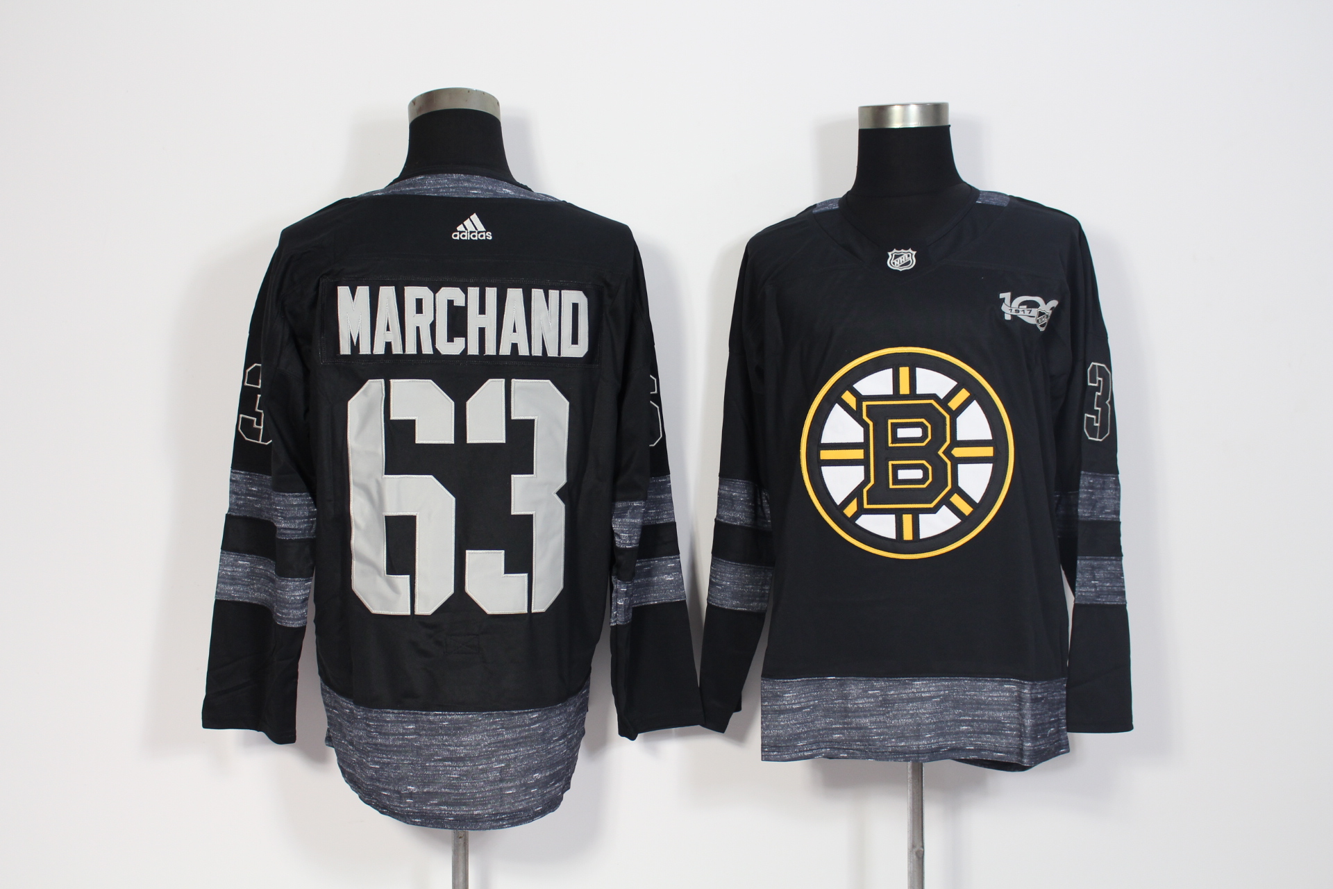 Men's Adidas Boston Bruins #63 Brad Marchand Black 1917-2017 100th Anniversary Stitched NHL Jersey