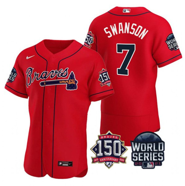Men's Atlanta Braves #7 Dansby Swanson 2021 Red World Series Flex Base With 150th Anniversary Patch Stitched Baseball Jersey