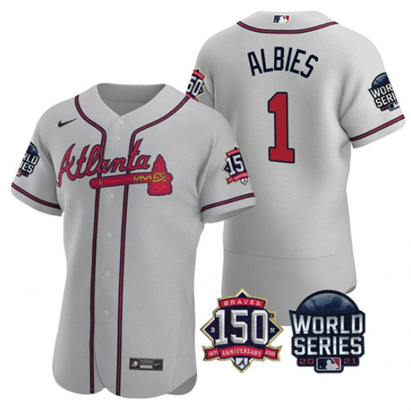 Men's Atlanta Braves #1 Ozzie Albies 2021 Gray World Series Flex Base With 150th Anniversary Patch Stitched Baseball Jersey