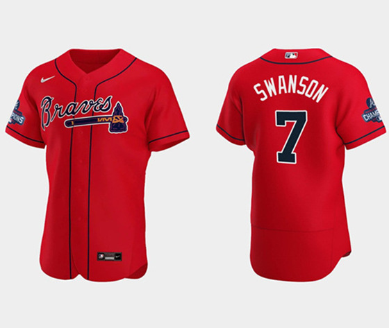 Men's Atlanta Braves #7 Dansby Swanson 2021 Red World Series Champions Stitched Baseball Jersey