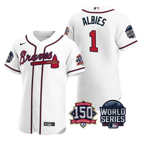 Men's Atlanta Braves #1 Ozzie Albies 2021 White World Series Flex Base With 150th Anniversary Patch Stitched Baseball Jersey