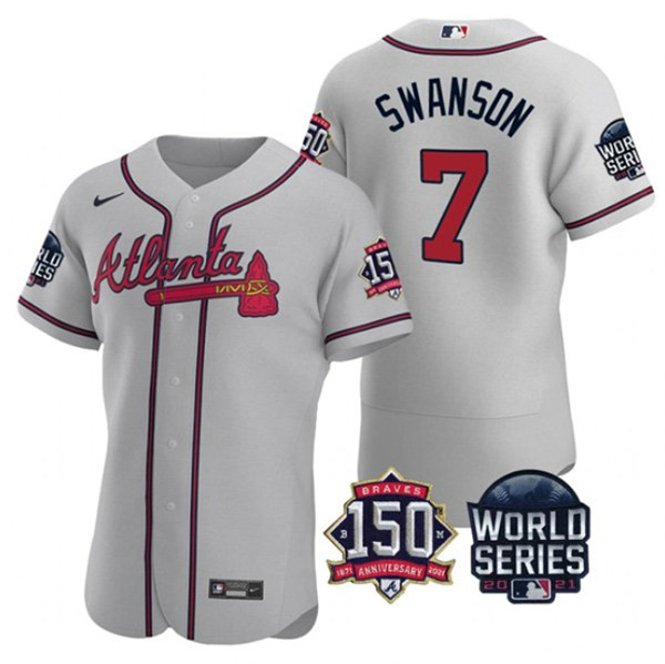 Men's Atlanta Braves #7 Dansby Swanson 2021 Gray World Series Flex Base With 150th Anniversary Patch Stitched Baseball Jersey