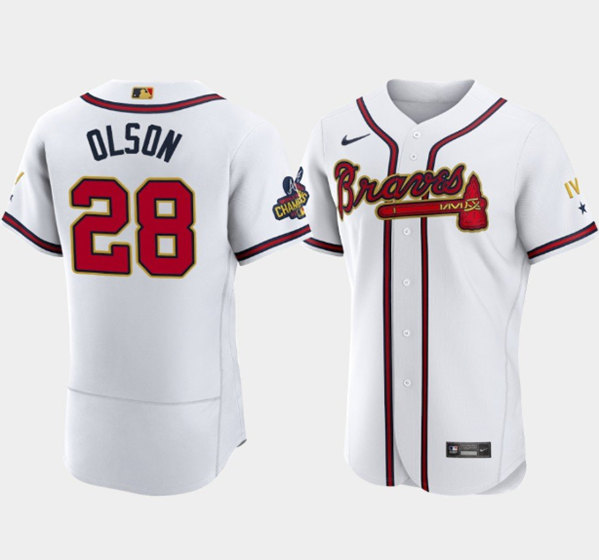 Men's Atlanta Braves #28 Matt Olson 2022 White/Gold World Series Champions Program Flex Base Stitched Baseball Jersey
