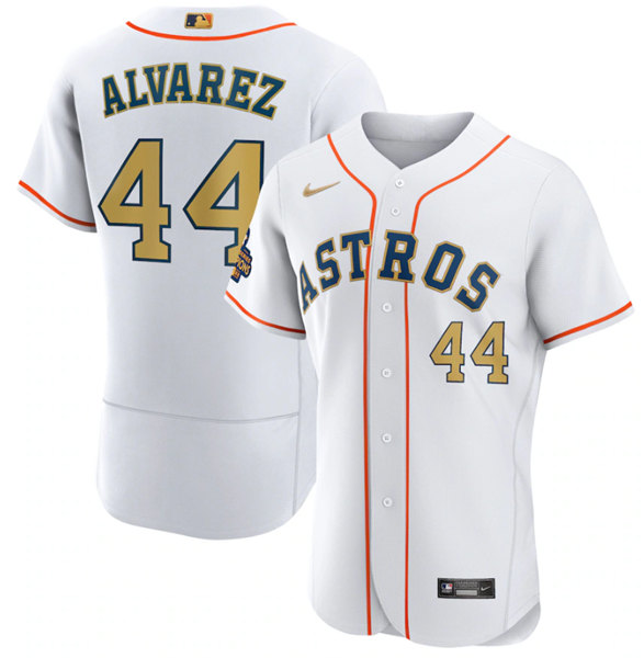 Men's Houston Astros #44 Yordan Alvarez White 2023 Gold Collection With World Serise Champions Patch Stitched Baseball Jersey