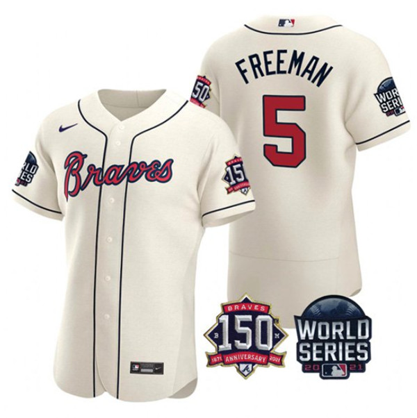 Men's Atlanta Braves #5 Freddie Freeman 2021 Cream World Series Flex Base With 150th Anniversary Patch Stitched Baseball Jersey