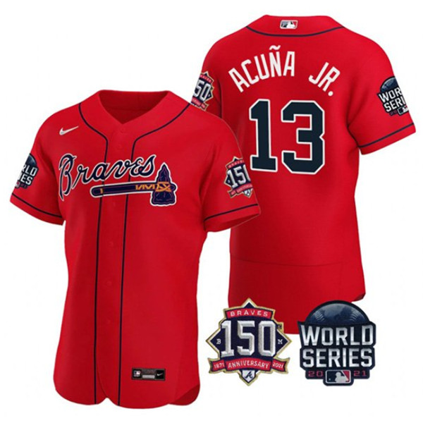 Men's Atlanta Braves #13 Ronald Acuna Jr. 2021 Red World Series Flex Base With 150th Anniversary Patch Stitched Baseball Jersey