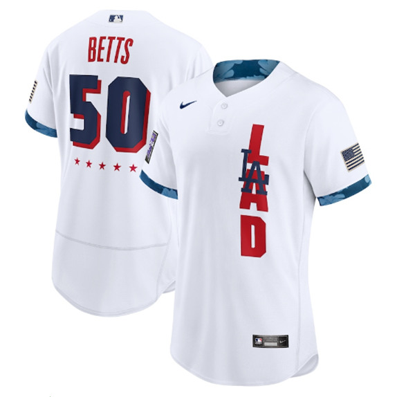 Men's Los Angeles Dodgers #50 Mookie Betts 2021 White All-Star Flex Base Stitched MLB Jersey