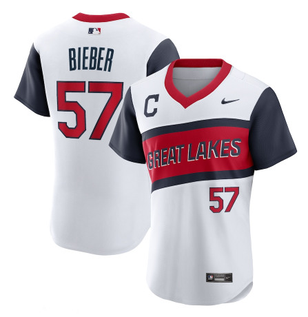 Men's Cleveland Indians #57 Shane Bieber 2021 White Little League Classic Home Flex Base Stitched Baseball Jersey