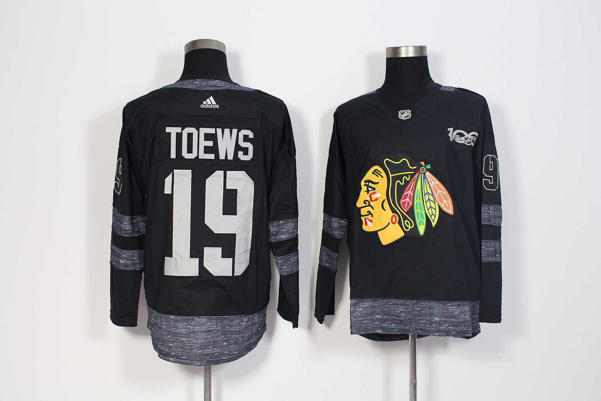Men's Adidas Chicago Blackhawks #19 Jonathan Toews Black 1917-2017 100th Anniversary Stitched NHL Jersey