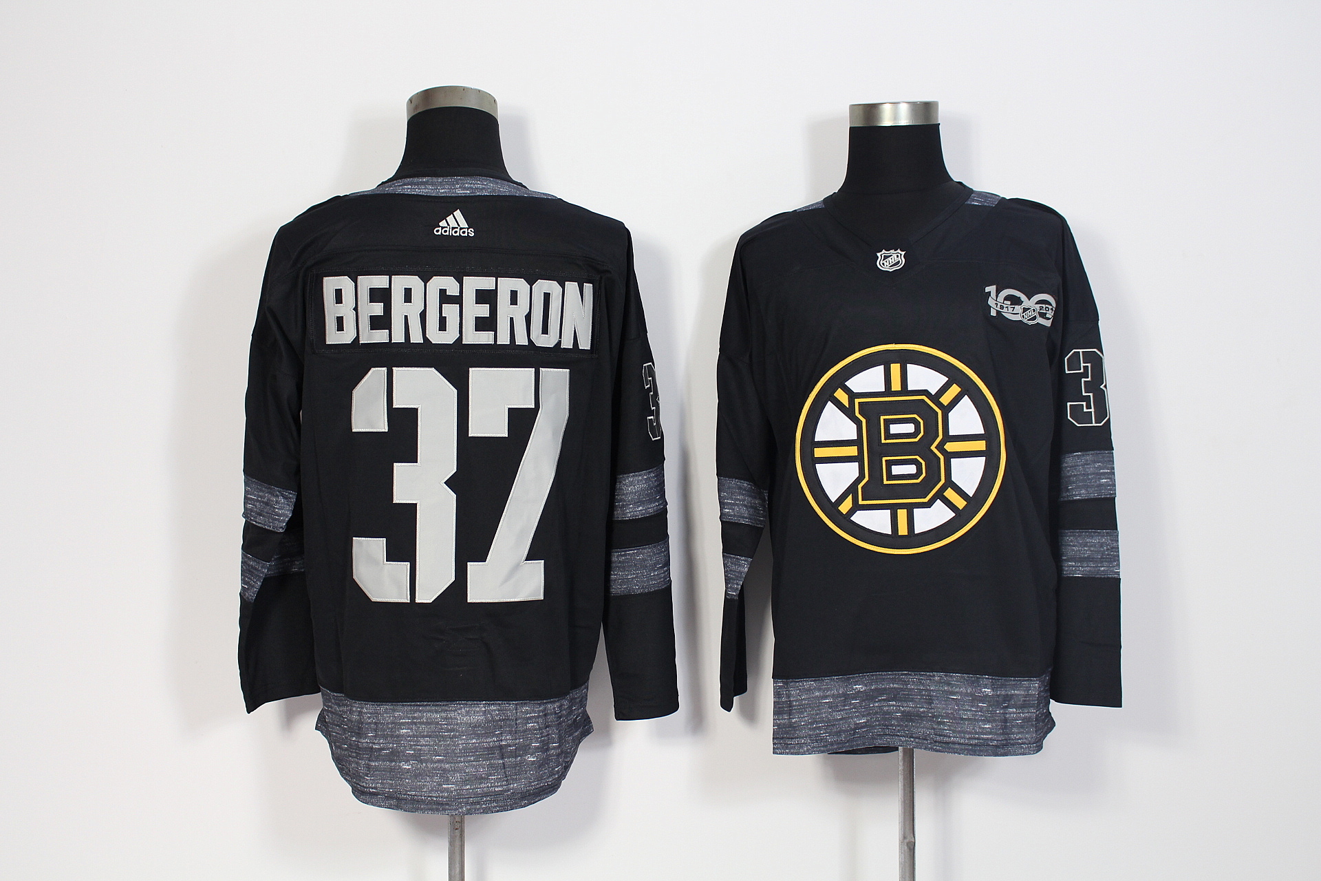 Men's Adidas Boston Bruins #37 Patrice Bergeron Black 1917-2017 100th Anniversary Stitched NHL Jersey
