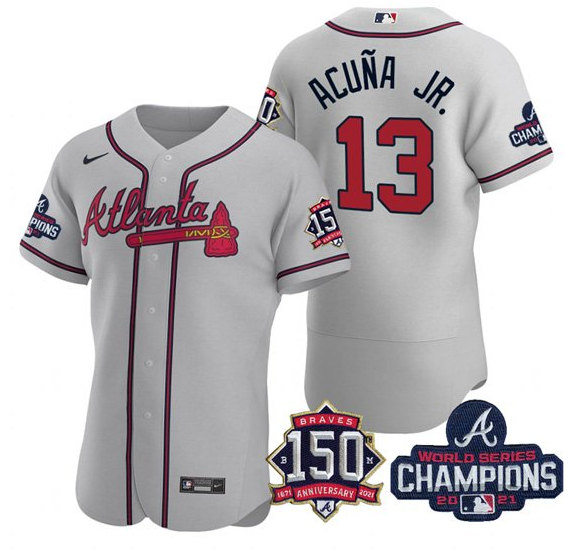 Men's Atlanta Braves #13 Ronald Acuña Jr. 2021 Gray World Series Champions With 150th Anniversary Flex Base Stitched Jersey