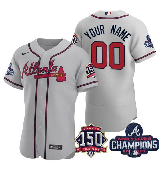 Men's Atlanta Braves Gray ACTIVE PLAYER Custom 2021 World Series Champions With 150th Anniversary Stitched Jersey