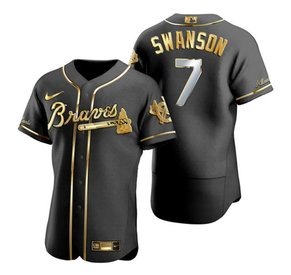 Men's Atlanta Braves #7 Dansby Swanson Black Golden Flex Base Stitched Jersey