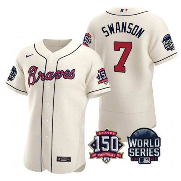 Men's Atlanta Braves #7 Dansby Swanson 2021 Cream World Series Flex Base With 150th Anniversary Patch Stitched Baseball Jersey