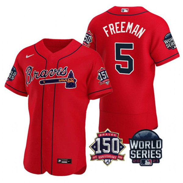Men's Atlanta Braves #5 Freddie Freeman 2021 Red World Series Flex Base With 150th Anniversary Patch Stitched Baseball Jersey
