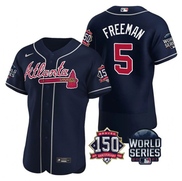 Men's Atlanta Braves #5 Freddie Freeman 2021 Navy World Series Flex Base With 150th Anniversary Patch Stitched Baseball Jersey