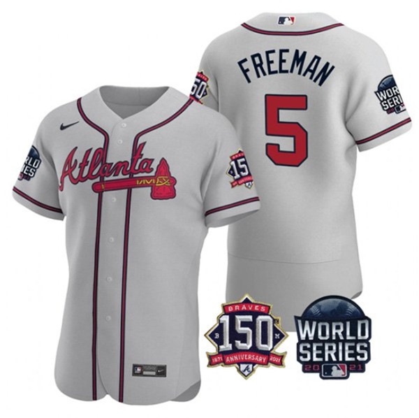 Men's Atlanta Braves #5 Freddie Freeman 2021 Gray World Series Flex Base With 150th Anniversary Patch Stitched Baseball Jersey