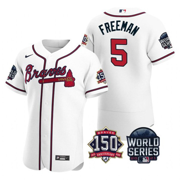 Men's Atlanta Braves #5 Freddie Freeman 2021 White World Series Flex Base With 150th Anniversary Patch Stitched Baseball Jersey