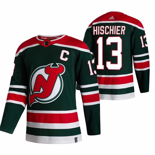 Men's New Jersey Devils #13 Nico Hischier 2021 Green Reverse Retro Stitched NHL Jersey