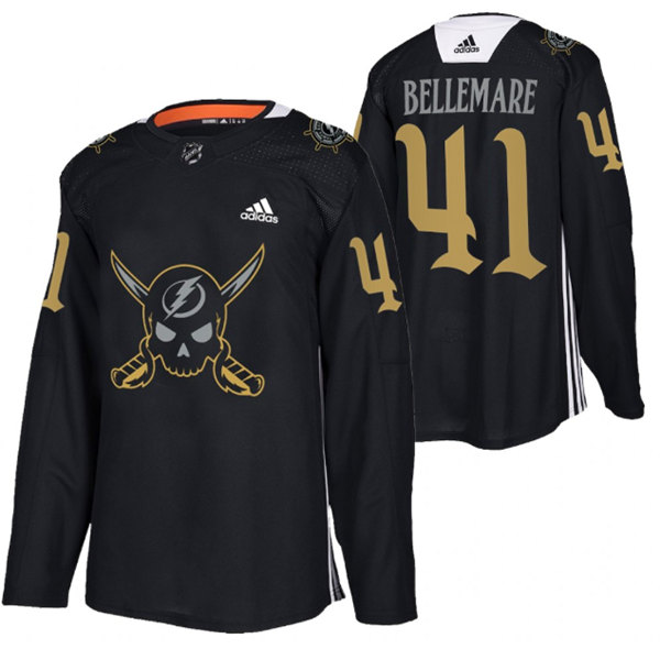 Men's Tampa Bay Lightning #41 Pierre-Edouard Bellemare Black Gasparilla inspired Pirate-themed Warmup Stitched Jersy