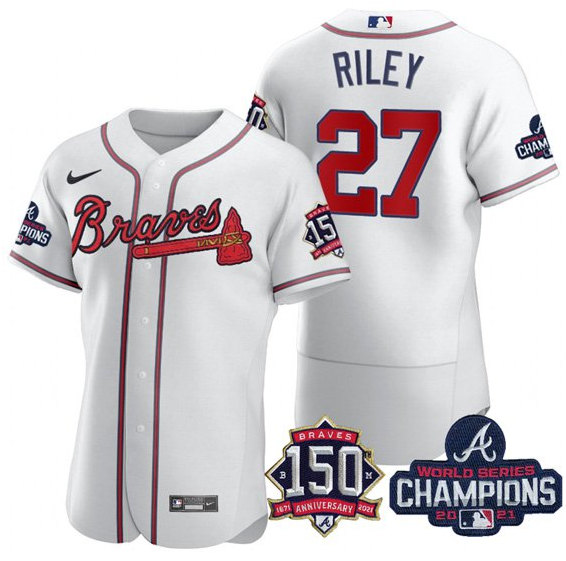 Men's Atlanta Braves #27 Austin Riley 2021 White World Series Champions With 150th Anniversary Flex Base Stitched Jersey