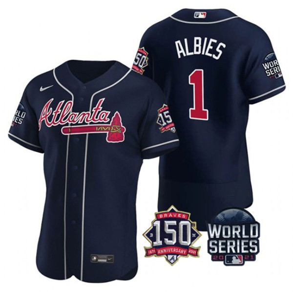Men's Atlanta Braves #1 Ozzie Albies 2021 Navy World Series Flex Base With 150th Anniversary Patch Stitched Baseball Jersey