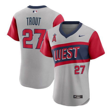 Men's Los Angeles Angels #27 Mike Trout 2021 Grey Little League Classic Road Flex Base Stitched Baseball Jersey