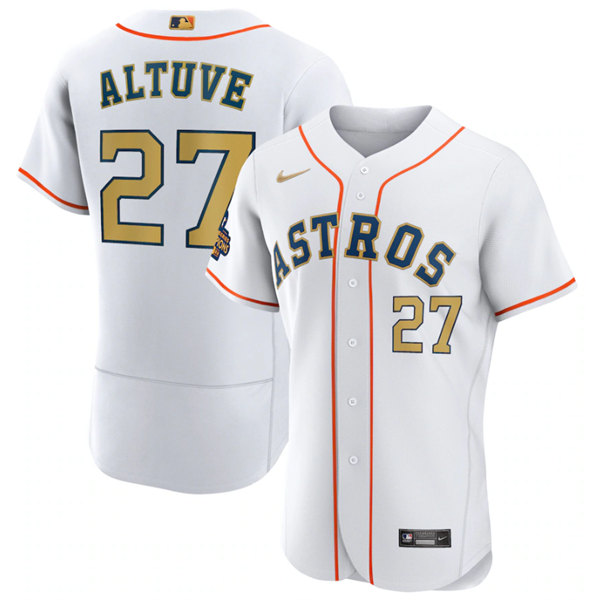Men's Houston Astros #27 Jose Altuve White 2023 Gold Collection With World Serise Champions Patch Stitched Baseball Jersey
