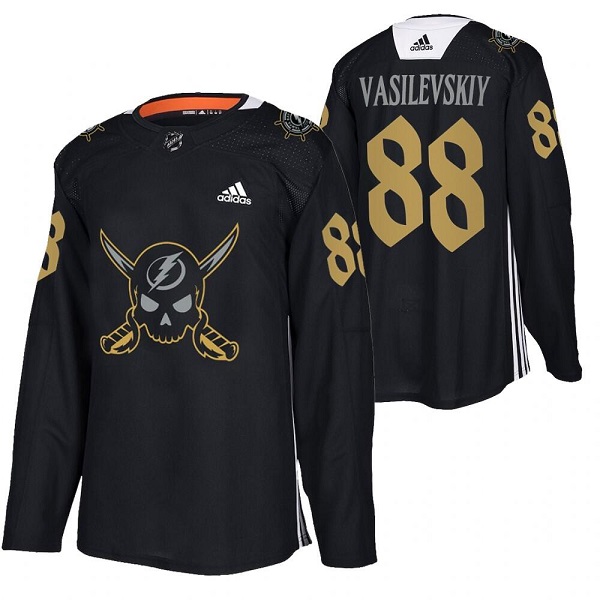 Men's Tampa Bay Lightning #88 Andrei Vasilevskiy Black Gasparilla inspired Pirate-themed Warmup Stitched Jersy
