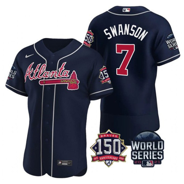 Men's Atlanta Braves #7 Dansby Swanson 2021 Navy World Series Flex Base With 150th Anniversary Patch Stitched Baseball Jersey
