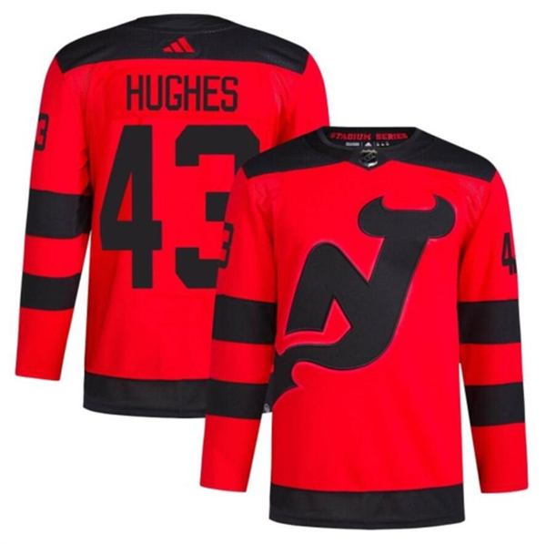 Men's New Jersey Devils #43 Luke Hughes Red 2023-2024 Stadium Series Stitched Jersey