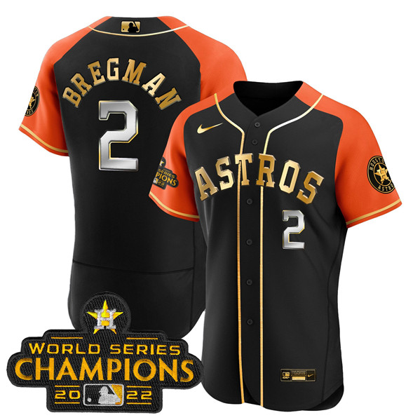 Men's Houston Astros #2 Alex Bregman 2023 Black Gold V2 Alternate Flex Base Stitched Baseball Jersey