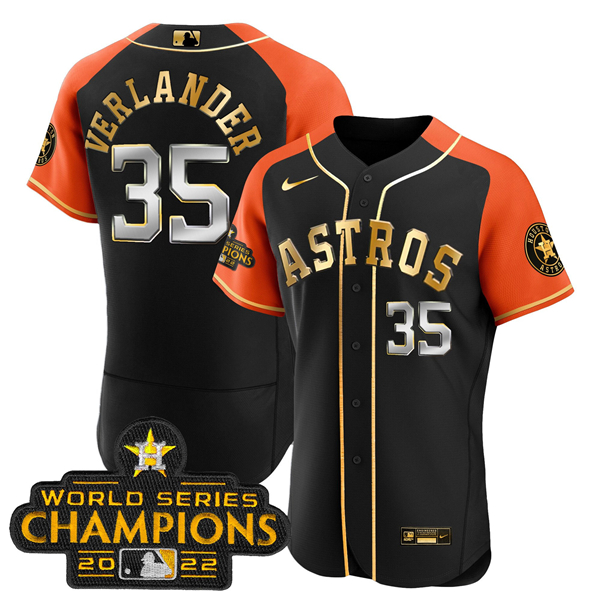 Men's Houston Astros #35 Justin Verlander 2023 Black Gold V2 Alternate Flex Base Stitched Baseball Jersey