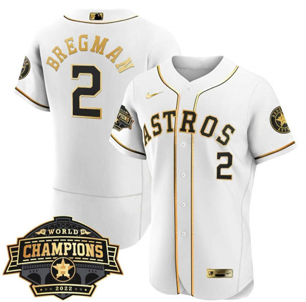 Men's Houston Astros #2 Alex Bregman White/Gold 2022 World Series Champions Flex Base Stitched Baseball Jersey