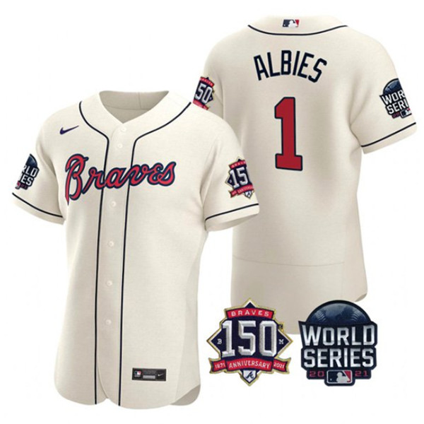 Men's Atlanta Braves #1 Ozzie Albies 2021 Cream World Series Flex Base With 150th Anniversary Patch Stitched Baseball Jersey