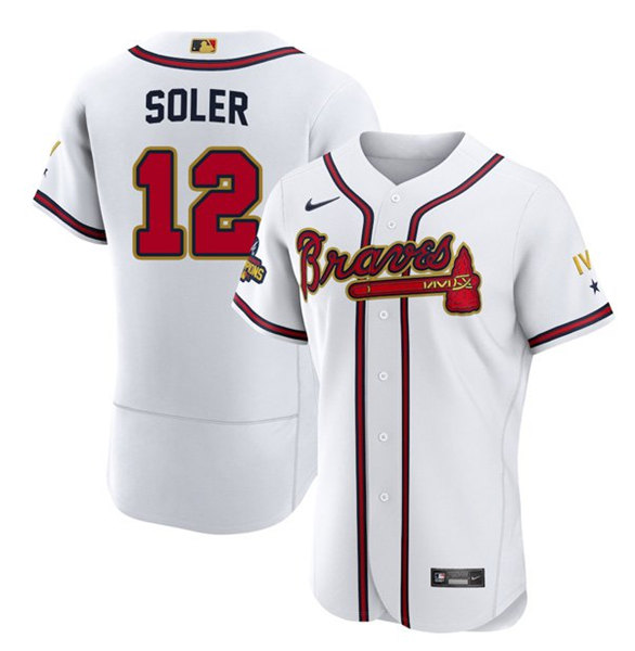 Men's Atlanta Braves #12 Jorge Soler 2022 White/Gold World Series Champions Program Flex Base Stitched Baseball Jersey