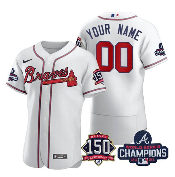 Men's Atlanta Braves White ACTIVE PLAYER Custom 2021 World Series Champions With 150th Anniversary Stitched Jersey
