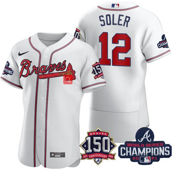 Men's Atlanta Braves #12 Jorge Soler 2021 White World Series Champions With 150th Anniversary Flex Base Stitched Jersey