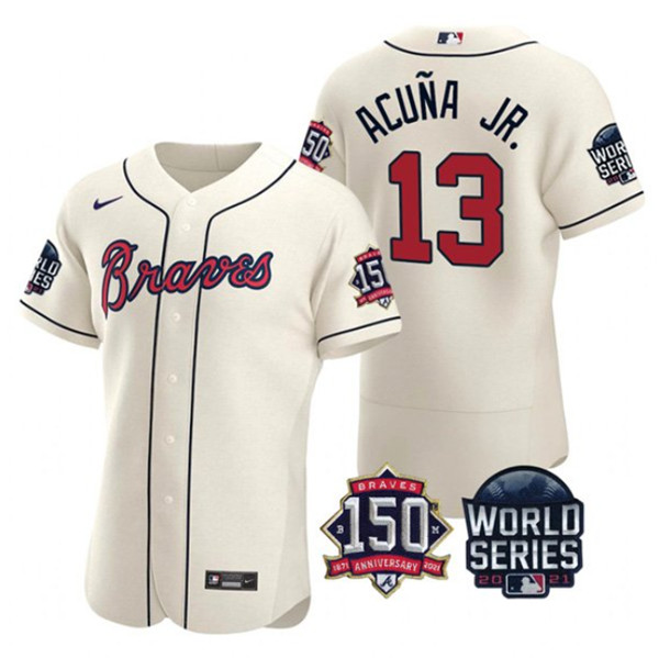 Men's Atlanta Braves #13 Ronald Acuna Jr. 2021 Cream World Series Flex Base With 150th Anniversary Patch Stitched Baseball Jersey