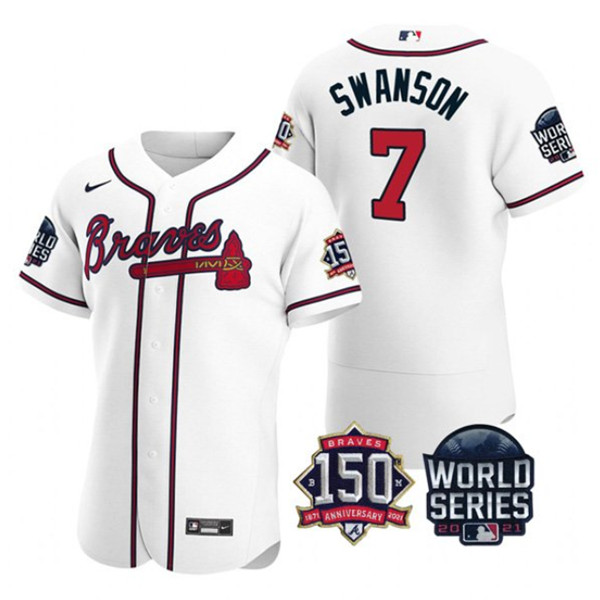 Men's Atlanta Braves #7 Dansby Swanson 2021 White World Series Flex Base With 150th Anniversary Patch Stitched Baseball Jersey