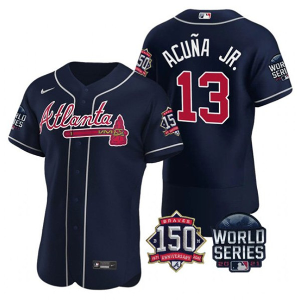 Men's Atlanta Braves #13 Ronald Acuna Jr. 2021 Navy World Series Flex Base With 150th Anniversary Patch Stitched Baseball Jersey