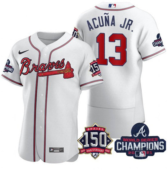 Men's Atlanta Braves #13 Ronald Acuña Jr. 2021 White World Series Champions With 150th Anniversary Flex Base Stitched Jersey