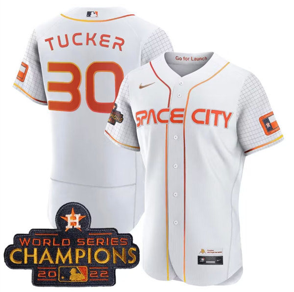 Men's Houston Astros #30 Kyle Tucker White With 2022 World Serise Champions Patch Stitched Baseball Jersey